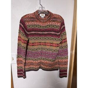 Talbots Womens Fair Isle Full Zip Cardigan Sweater Pink Orange Silk Blend Small